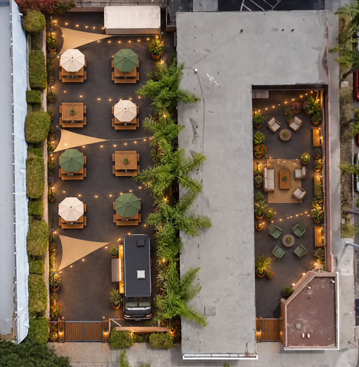Concept based on the candidate property layout: larger dining lot and smaller lounge courtyard